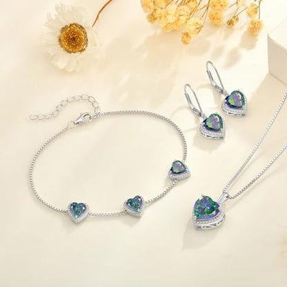 925 Sterling Silver Halo Heart Necklace for Women | Lwsary Love Heart Necklace, Heart Cut Birthstone Jewelry for Her - color: Rainbow