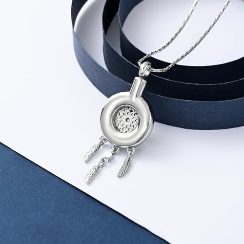 constantlife Circle of Life Dreamcatcher Cremation Jewelry for Ashes Stainless Steel Crystal Pendant Urn Necklace Keepsake Human Pet Memorial Gift for Women Men - color: Silver-Purple