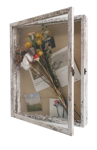 GraduatePro Shadow Box Frame 13X16 Display Case with Linen Back, Real Glass Window Door with Hinge, Picture Frame Wedding Bouquet Memorabilia Medals Photos Memory Box for Keepsakes Rustic White | Hinged Front Open Door with Tempered Glass, Linen Back with