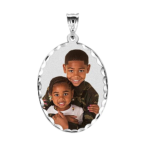 Oval w/Diamond Cut Edge Custom Photo Engraved Pendant - in Solid 14K, 10k, Yellow, White, Or Sterling Silver - color: Solid 10K White Gold With Engraving, size: 2/3 x 3/4 Inch