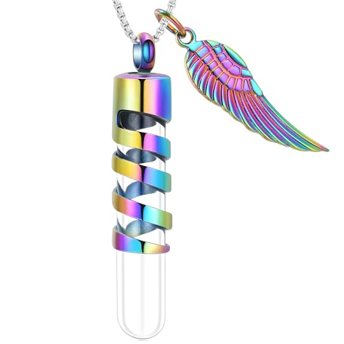 Oinsi Clear Glass Tube Cremation Urn Jewelry Ashes Holder Necklace Keepsake Memorial Pendant Including Box/Fill Kits - color: Colorful (Angel wing)