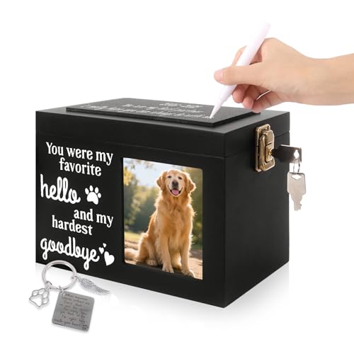 Memorial Pet Urn for Dog Ashes, Wooden Pet Keepsake Box with Photo Frame, Flannel Bag & Keychain, Sympathy Gift for Pet Loss (Medium 7.9x5.9x5.5in)