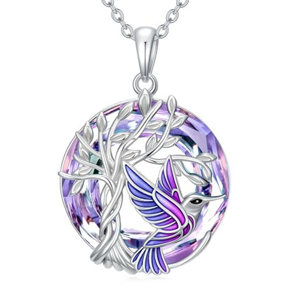 TOUPOP Butterfly Necklace for Women 925 Sterling Silver Tree of Life Butterflies Dragonfly Hummingbird Pendant Necklaces Crystal Jewelry Anniversary Christmas Birthday Gift for Her - color: Hummingbird Purple
