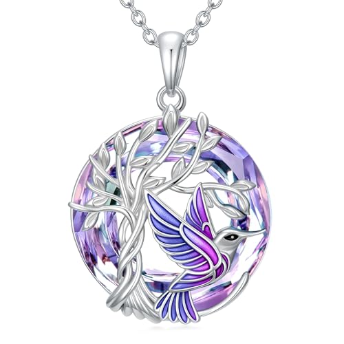 TOUPOP Butterfly Necklace for Women 925 Sterling Silver Tree of Life Butterflies Dragonfly Hummingbird Pendant Necklaces Crystal Jewelry Anniversary Christmas Birthday Gift for Her - color: Hummingbird Purple