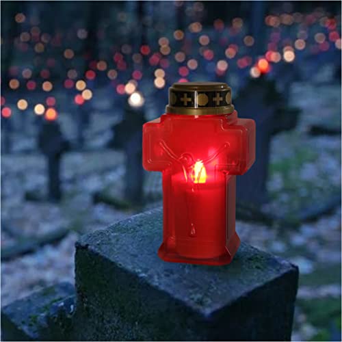 Uonlytech 2pcs Cross Candle Light, Red Flickering Flameless Candles Reusable Church Graveyard Led Candles Grave Decorations for Remembrance - size: 15.3x6.8cm
