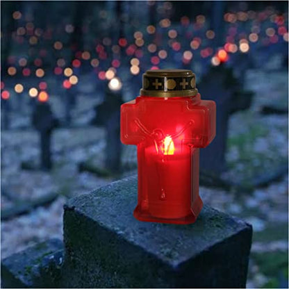 Uonlytech 2pcs Cross Candle Light, Red Flickering Flameless Candles Reusable Church Graveyard Led Candles Grave Decorations for Remembrance - size: 15.3x6.8cm