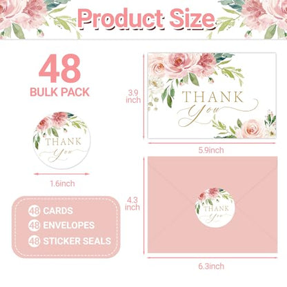 48 Pack Thank You Cards with Envelopes Pink and Stickers, Floral Thank You Cards for Graduation, Summer Wedding Bridal Appreciation Banquet, Baby Shower, Graduation Ceremony, Birthday Greeting Letter - style: 48pcs - Pink Flowers