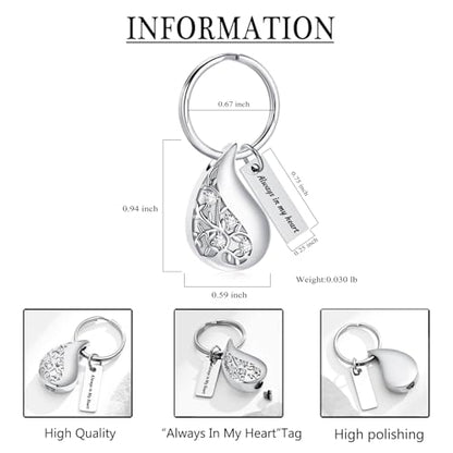zeqingjw Cremation Jewelry Teardrop Urn Keychain for Ashes Tree of Life Urn Ashes Cremation Memorial Keepsake Keychain - color: Silver