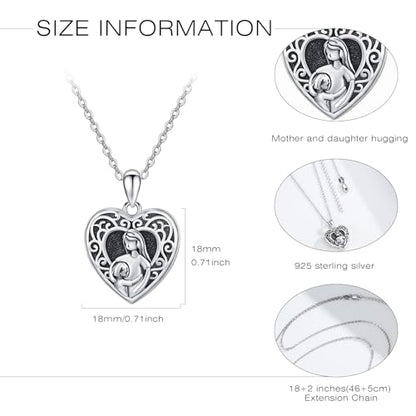 Heart Photo Locket Necklace Sterling Silver for Women | Dragonfly, Butterfly, Turtle, Dog Paw and Mother Daughter Styles, Jewelry Gifts for Mom Christmas Birthday Anniversary. - style: 6-Mother Daughter
