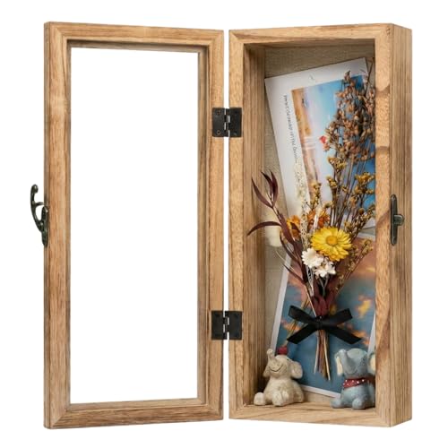 5"x12.5"Shadow Box Frame with Front-Opening Glass Door | Solid Wood & Real Glass, Linen Backboard, Vintage Lock, Ideal for Wedding Bouquets, Medals, Keepsakes & Box of Us Display - color: Wood, size: 5*12.5