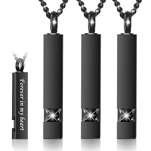 3 Pack Urn Necklace for Ashes Memorial Cremation Jewelry for Ashes, CZ Bar Urns Pendant Stainless Steel Urn Locket for Ashes Keepsake Jewelry with Words: Forever in my heart & Funnel Kit & Bag - color: Black