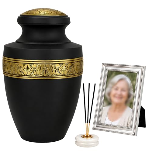 Metal Cremation Urn for Human Ashes, 11 in, Black | Lightweight metal, 7x7x11 in, up to 220 lbs, engraved gold band, threaded lid, felt base, adult - color: Black Gold Lid, size: 7x11