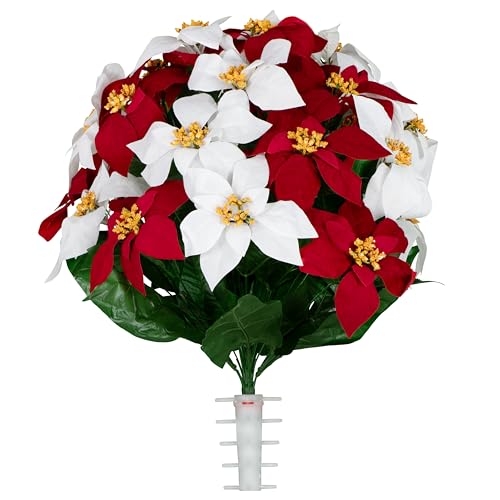 Sympathy Silks Artificial Cemetery Flowers - Outdoor Grave Decorations - Red & White Poinsettia Christmas Bouquet - color: Red & White, size: (1) Bouquet