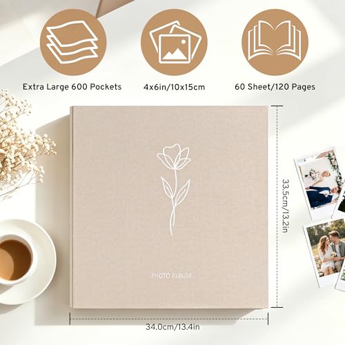 DazSpirit 4x6 Photo Album, 600 Photos, Large Capacity, Linen Hardcover | Beige Floral Photo Book, Acid-Free Slip-In Pages, Memory Album for Wedding, Baby, Anniversary, Travel and Family Photos - color: Beige