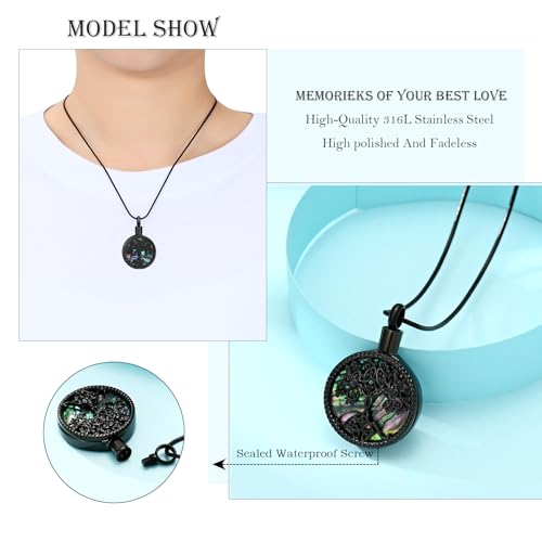 Hearbeingt Tree of Life Urn Necklaces for Ashes Circle Cremation Jewelry - color: B-Black