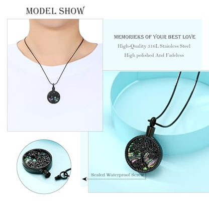 Hearbeingt Tree of Life Urn Necklaces for Ashes Circle Cremation Jewelry - color: B-Black