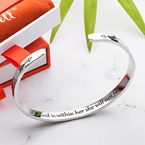 Bracelets for Women – 100+ Meaningful Engraved Messages – Solid 316L Surgical Stainless Steel Cuff Bracelet – Gift Ready - color: CHRISTIAN GIFT - God is within her, she will not fall.