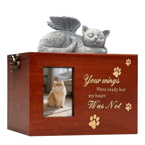 Cat Urn for Ashes Box with Picture Wooden Pet Memorial Urn with Photo Frame Cat Cremation Box with Angel Statue Pet Casket for Dogs Small Pets Sympathy Gift for Pet Loss(Cat Urn-Red Brown-Large) - color: Cat Urn-red Brown-wings, size: Large