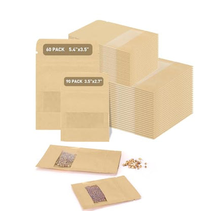 150 Seed Envelopes 2 Sizes, Resealable w/Window Self-sealing | 90S + 60L Kraft Envelopes. Clear window, Dustproof & Reusable, Tear-resistant, for Seeds, Jewelry, Herbs - size: Small + Medium (2.8 x 3.5" + 3.5 x 5.4")