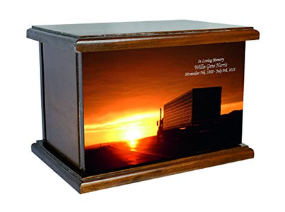 Truck Funeral Cremation Urn, Trucker's Wooden Urn with Custom Personalization