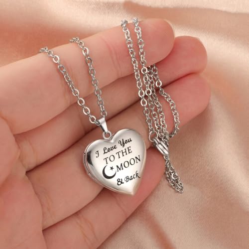 PHOCKSIN Personalized Locket Necklace for Women Photo Necklace with Customized Picture Birth Flower Birthstone Customizable Birthday Gifts - color: #17 Heart Silver Moon&back