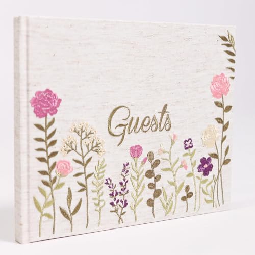 Linen Floral Embroidered Photo Wedding Guest Book - Pink Guestbook to Sign | 160 Thick Decorative Blank Pages for Photos & Notes as Keepsake for Weddings, Bridal, Baby Showers, Parties, Funeral Lay Flat - color: Natural Linen