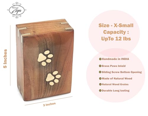 ZIYA Wooden Small Cremation Pet Urn for Dog and Cat Ashes Box | Handmade Wood Memorial Pet Urn | Brass Paws Inlaid | Pet Memorial | Funeral Urns for Pet Ashes | Mini Keepsake | up to 12 Pounds