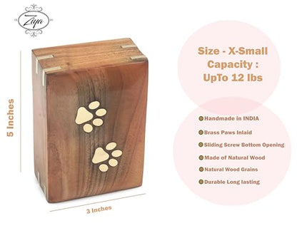 ZIYA Wooden Small Cremation Pet Urn for Dog and Cat Ashes Box | Handmade Wood Memorial Pet Urn | Brass Paws Inlaid | Pet Memorial | Funeral Urns for Pet Ashes | Mini Keepsake | up to 12 Pounds