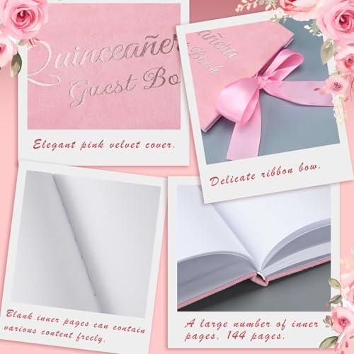 Panelee Velvet Quinceañera Guest Book with Pen Pink Sign in Log with Bow 15 Year Anos Quince Book 144 Page Signature Guest Sign in Keepsake Album for Birthday Party Keepsake Gift - color: Pink