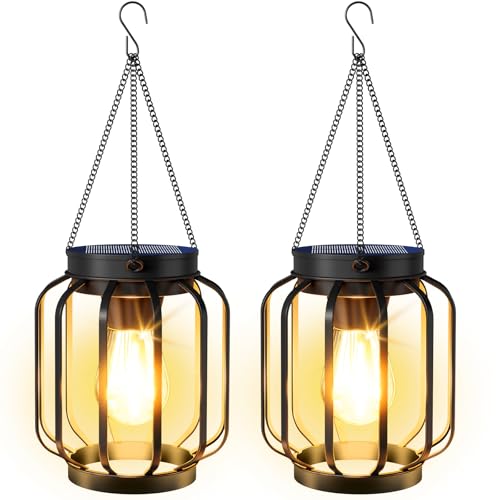 14.37'' Metal Hanging Solar Lanterns Outdoor Waterproof, 2 Pack | Hanging Solar Lights for Outside with Auto On/Off & Hook, Brighter Outdoor Lanterns Decorative Lighting for Garden Patio Yard - size: 2 Pack