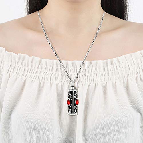 XIUDA Crystal Cremation Urn Necklace for Ashes Keepsake Stainless Steel Memorial Pendant with Flower - color: Deep Red