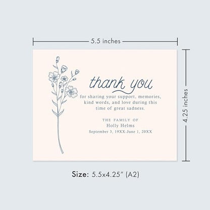 Funeral Thank You Cards, 5.5x4.25 (A2), Simple Blue Wildflower | Personalized, Sympathy Flat Thank You Notecards, With Envelopes