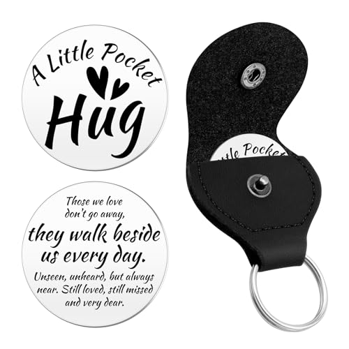 Sympathy Gifts Pocket Hug Token Double Sided Stainless Steel Tokens Remembrance Sympathy Gift for Loss for Friends Family Condolence Grieving Keepsake Grief Gifts Hug Token with Black Leather Keychain