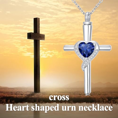 TOUPOP Cross Urn Necklaces for Ashes Birthstone Cremation Jewelry 925 Sterling Silver Cross Memorial Keepsake Funeral Jewelry for Women (with Funnel Filler) - color: 09-September-Sapphire