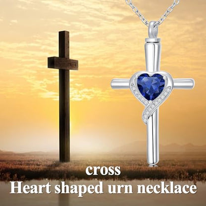 TOUPOP Cross Urn Necklaces for Ashes Birthstone Cremation Jewelry 925 Sterling Silver Cross Memorial Keepsake Funeral Jewelry for Women (with Funnel Filler) - color: 09-September-Sapphire