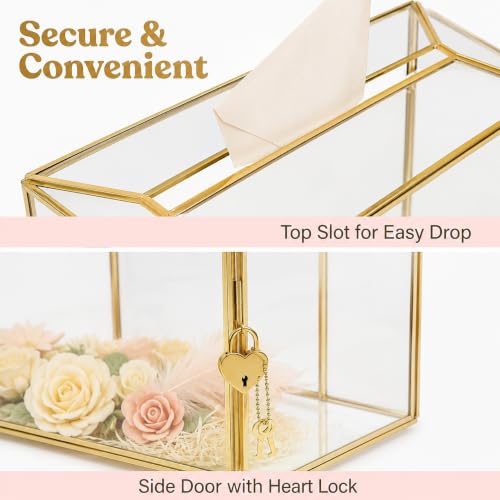 Glass Wedding Card Box with Slot and Lock, Gold Card Box 12.6" | Clear Brass Frame Card Box for Wedding Reception, Decorative Storage Box for Baby Shower, Birthday Party, Bridal Shower - size: 12.6" Gold without Arch