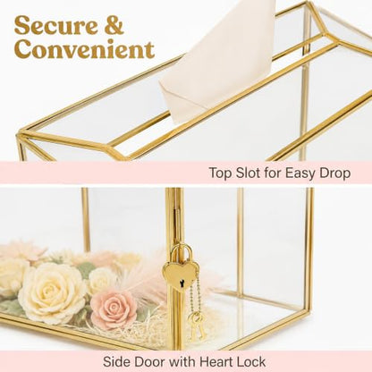 Glass Wedding Card Box with Slot and Lock, Gold Card Box 12.6" | Clear Brass Frame Card Box for Wedding Reception, Decorative Storage Box for Baby Shower, Birthday Party, Bridal Shower - size: 12.6" Gold without Arch