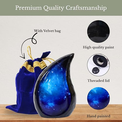 NORSE'S TRADECRAFT Teardrop Urn for Ashes Adult Male & Female, Metal Cremation Urn with Blue Galaxy Design, Memorial Gifts with Velvet Bag, Handcrafted Memorial Box for Funeral - 60 cu in