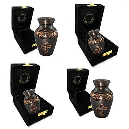 Bronze Cross Keepsake Urns for Human Ashes with Velvet Gift Box for Cremation Keepsakes for Ashes - Small Cremation Urn and Small Keepsake Urn Set of 4 - color: Brushed Bronze Cross