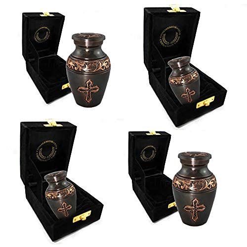 Bronze Cross Keepsake Urns for Human Ashes with Velvet Gift Box for Cremation Keepsakes for Ashes - Small Cremation Urn and Small Keepsake Urn Set of 4 - color: Brushed Bronze Cross