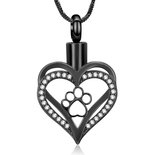 Yinplsmemory Pet Paw Print Heart Cremation Jewelry for Dog/Cat Ashes Keepsake Memorial Cremation Necklace Urn for Human/Pet Ashes - color: Black