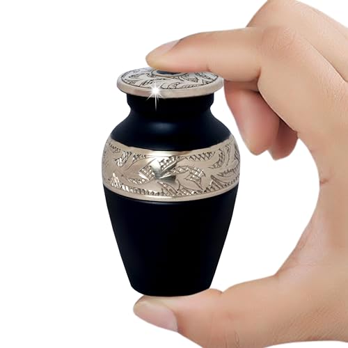 Small Keepsake Urn for Human Ashes – Black Handcrafted Solid Brass Mini Cremation Urn with Velvet Bag – Elegant Lacquer-Coated Memorial Urn for Men & Women – Durable Tribute Ashes Holder for Loved One