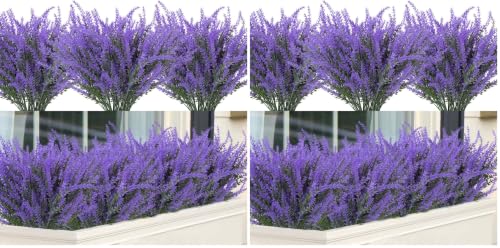 12 Bundles Artificial Lavender Fake Flowers Faux Plastic Plants for Home Wedding Kitchen Garden Patio Window Box Office Table Centerpieces Indoor Outdoor Decor, Purple (Pack of 2) - color: Purple, size: 12 Bundles (Pack of 2)