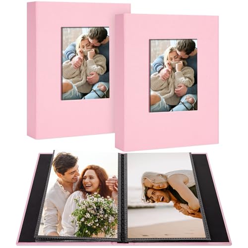 2 Pack Photo Album Holds 48 Pockets with Linen Cover and Customizable Window, Fits 4x6 Photos, Archival Black Pages, Pink - color: Pink, size: 48 Pockets-2 Packs