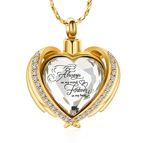 Imrsanl Cremation Jewelry for Ashes Pendant - Crystal Heart Urn Necklace with Mini Keepsake Urn Memorial Ash Jewelry - color: Gold-White Stone