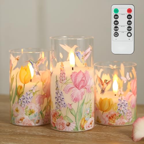 LUSHARBOR Flameless Candles with Remote, Hummingbird Glass Battery Candles | Set of 3 LED Pillar Candles, Real Wax Battery Spring Candles with Timer for Mantel Home Decor - color: Hummingbird-Glass