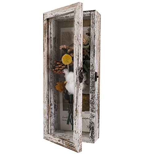 GraduatePro Shadow Box Frame 5x12.5 Display Case with Linen Back, Real Glass Window Door with Hinge, Picture Frame Wedding Bouquet Memorabilia Medals Photos Memory Box for Keepsakes, Rustic White | Hinged Front Open Door with Tempered Glass, Linen Back wi