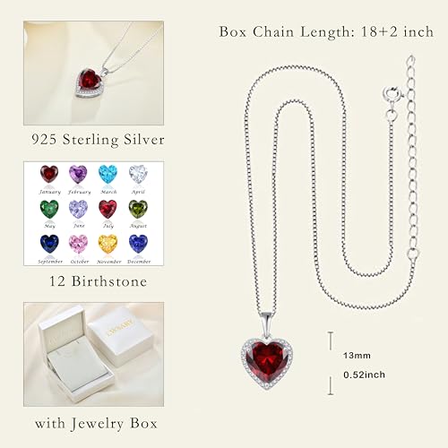 925 Sterling Silver Halo Heart Necklace for Women | Lwsary Love Heart Necklace, Heart Cut Birthstone Jewelry for Her - color: Red