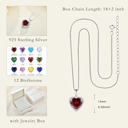 925 Sterling Silver Halo Heart Necklace for Women | Lwsary Love Heart Necklace, Heart Cut Birthstone Jewelry for Her - color: Red