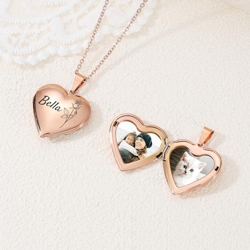 Personalized Heart Locket Necklace for Women with Picture Custom Inside Engraved Text Silver/Gold/Rose Gold Photo Locket Stainless Steel Memorial Gifts for Mom Daughter Grandmother - color: F3: Rose Gold
